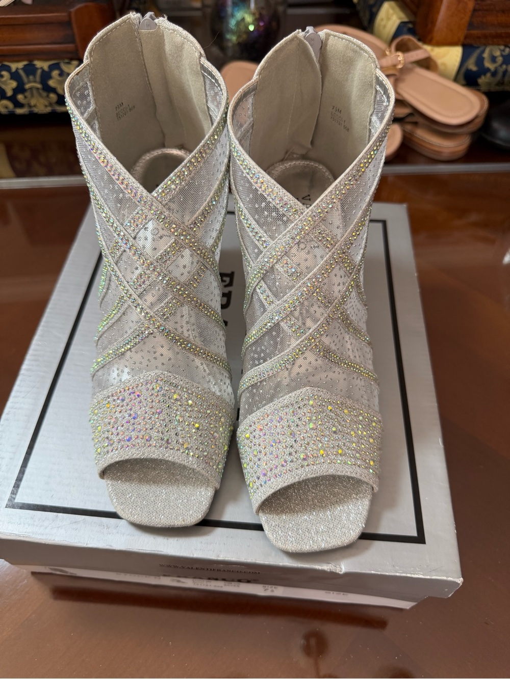 Valenti Franco Champagne Glitter Rhinestone Open-Toe Booties